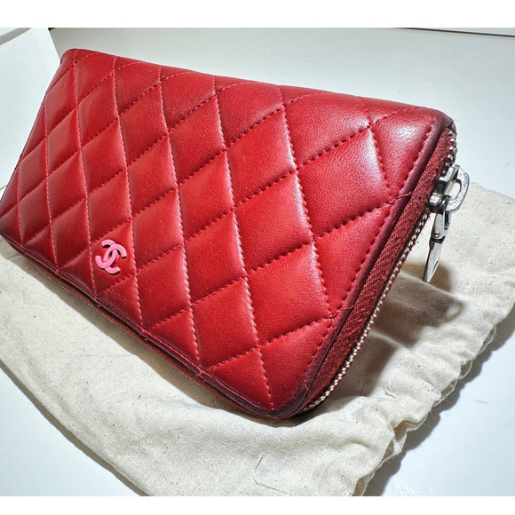 Authentic Chanel Red Quilted Lambskin Leather Long Wallet - Picture 3 of 14